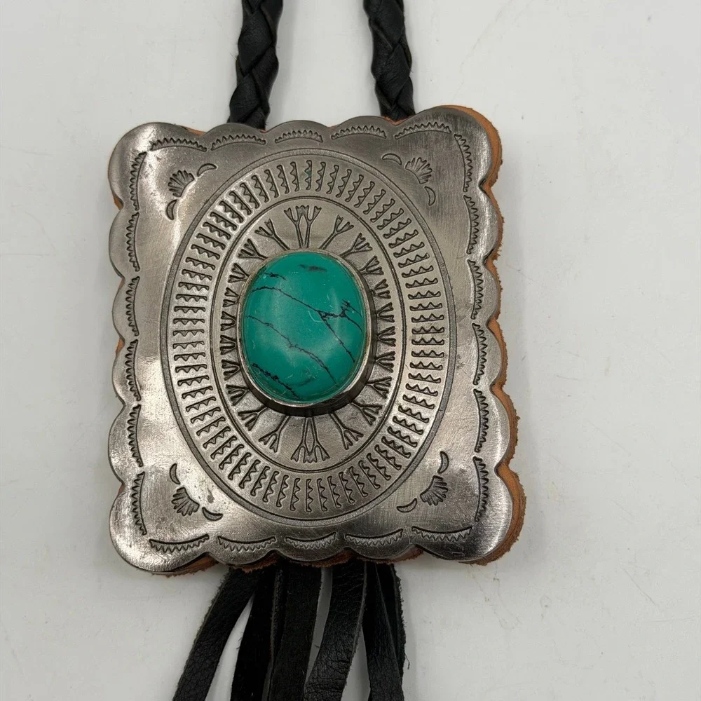 Western Bolo Tie Silver Turquoise Concho Braided Leather Fringe Tassel Black